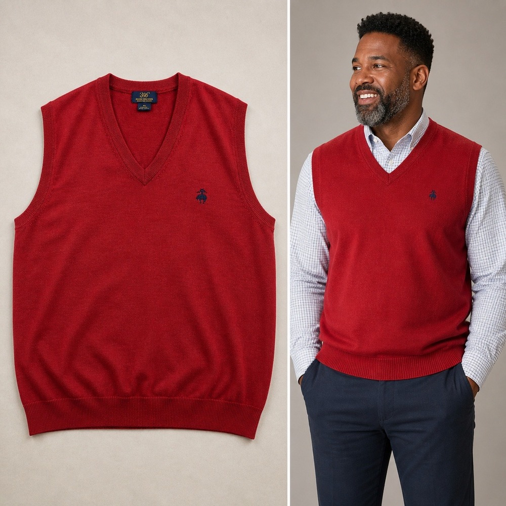 Brooks Brothers 346 Mens Red Extra Fine‎ Merino Wool V-Neck Sweater Vest Medium